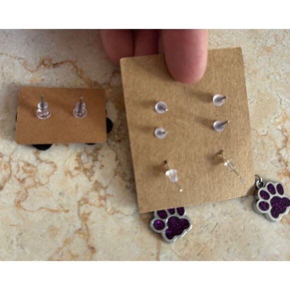 Paw Print Earrings Set With Purple & White Studs & Dangle Glitter - Picture 4 of 6